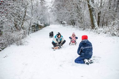 İki çocuklu bir aile ağaçlarla çevrili karlı bir yolda kızakla kayıyor. Çocuklar sıcacık giyinirken, bir köpek yakınlarda oynayıp neşeli bir kış ortamı yaratıyor..
