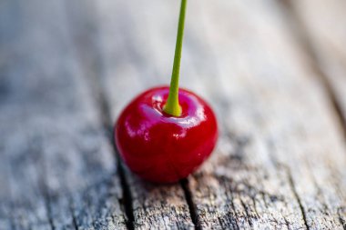 Kırmızı, sulu vişneli yakın plan. Ağaç kirazından dökülen eski ahşap arka planda.