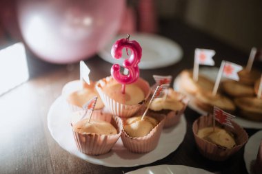 Neşeli bir aile toplantısında tabakta güzel dekore edilmiş kapkekler, küçük bayraklar ve şenlikli bir mumla üçüncü doğum gününü kutluyorlar.. 