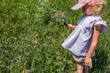 A girl is looking at green grapes with a magnifying glass.