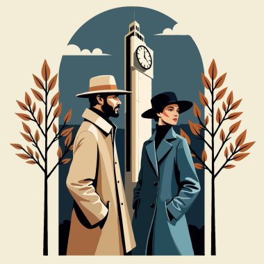 A stylish vintage couple by the clock tower in autumnal colors. This retro-inspired art features timeless fashion, perfect for editorial, travel, or fashion-themed projects. vintage, couple, clock tower, retro, autumn, fashion, stylish couple. clipart