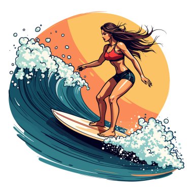 young surfer girl riding on wave. vector clipart