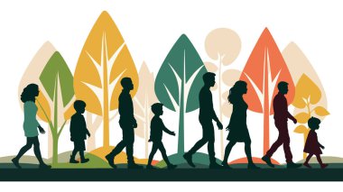 Silhouetted Family Walking in Autumn Nature. vector illustration clipart