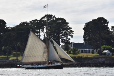 Körfez Morbihan geçit töreni sırasında denizde yüzen bir tekne. Fransa 