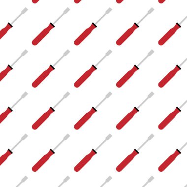 Kırmızı saplı tornavidaları beyaz arka planda çapraz dizilmiş kusursuz bir desen. İnşaat, tamirat, hırdavatçı tasarımları ve DIY projeleri için mükemmel. Duvar kağıtları, kumaş baskıları, arka planlar ve dijital tasarımlar için ideal.