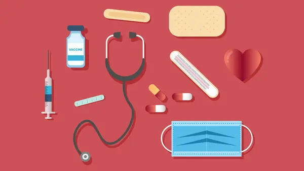Stetoskop, şırınga, yüz maskesi, termometre, aşı şişesi ve ilaç hapları içeren düz dizayn medikal aletler..