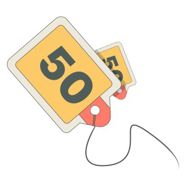 Bu vektör illüstrasyonunda her biri 50 sayısını gösteren iki stilize etiket var. Tasarım temiz ve modern, düz estetik ve ince bir perspektif etkisi var. Etiketler küçük bir delikle sarı ve gri renkte renklendiriliyor..