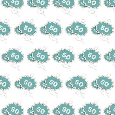 Bu vektör illüstrasyonu, her biri 50 sayısını gösteren, kusursuz, tekrarlayan bir etiket deseni içerir. Tasarım, dingin bir deniz mavisi ve açık gri renk şeması ile modern bir düz stil kullanır..