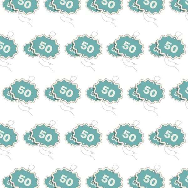 Bu vektör illüstrasyonu, her biri 50 sayısını gösteren, kusursuz, tekrarlayan bir etiket deseni içerir. Tasarım, dingin bir deniz mavisi ve açık gri renk şeması ile modern bir düz stil kullanır..