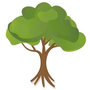 Yapraksı bir ağacın, yemyeşil gölgelikli ve kahverengi gövdeli stilize edilmiş vektörü. Eğitim materyalleri, çevre projeleri, doğal manzara geçmişi ve çevre temalı içerik için harika. İzole edilmiş beyaz arkaplan ile temiz ve düzenlenebilir.