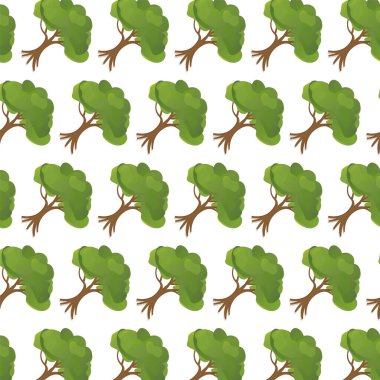 Şekillendirilmiş yeşil ağaçların vektör illüstrasyonuyla kusursuz desen. Temiz beyaz arkaplan, çevre dostu temalar, ambalaj veya dekor içindeki yazdırma ve dijital kullanım için uygun hale getirir.