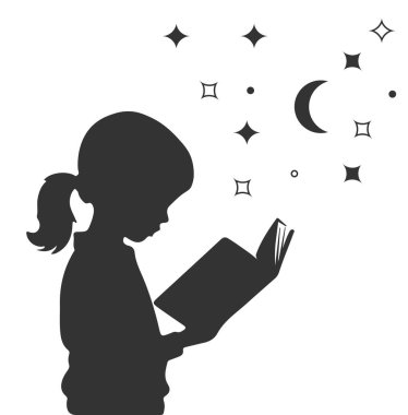 Yıldızlar ve hilal şeklinde bir ay ile dolu rüya gibi bir gece göğünün altında kitap okuyan genç bir kızın güzel tasarlanmış vektör silueti. Çocukluk hayal gücü, uyku masalları, eğitim, okur yazarlık ve fantezi ile ilgili konular için mükemmel.