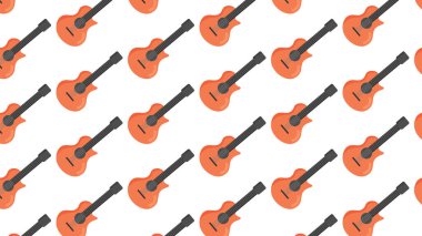 Küçük akustik gitarların (ya da ukulelelerin) bu büyüleyici, pürüzsüz deseni ile biraz eğlenelim. Bu taşınabilir sicim enstrümanlarının sıcak turuncu ve siyah tonlarda düz beyaz arkaplana karşı yinelenen çapraz bir düzenleme içerir, bu vekto