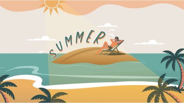 Bu sakin vektör illüstrasyonu, sakin okyanusun ortasındaki küçük, izole bir kumsalda ya da adada dinlenen bir insanı tasvir ederek en büyük yaz kaçışını yakalar. Parlak bir güneş tepemizde ve sahneyi çevreleyen ikonik palmiye ağaçları, 
