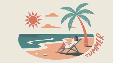Bu canlı vektör illüstrasyonu, sallanan bir palmiye ağacının altındaki plaj sandalyesinde rahatça dinlenen bir kadının yer aldığı sakin bir yaz gününün özünü mükemmel bir şekilde yakalar. Parlak güneş, sakin okyanus ve kumlu plajın üzerinde parlarken, 