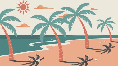 Bu büyüleyici vektör çizimi, sakin ve geniş bir tropikal plaj manzarası yakalar. Çoklu palmiye ağaçları, parlak güneş ve yumuşak bulutlarla açık bir gökyüzünün altında okyanusun yumuşak dalgalarıyla buluşan kumlu kıyıları zarifçe çerçeveler. Scattere