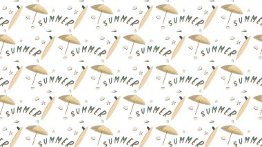 Bu canlı vektör illüstrasyonu, yaz eğlencesi ve sahil hayatının özünü mükemmel bir şekilde yansıtan dinamik, pürüzsüz ve tekrarlayan bir şablona sahiptir. Klasik çizgili plaj şemsiyeleri, sörf tahtaları gibi ikonik elementlerin hoş bir karışımını sergiliyor.