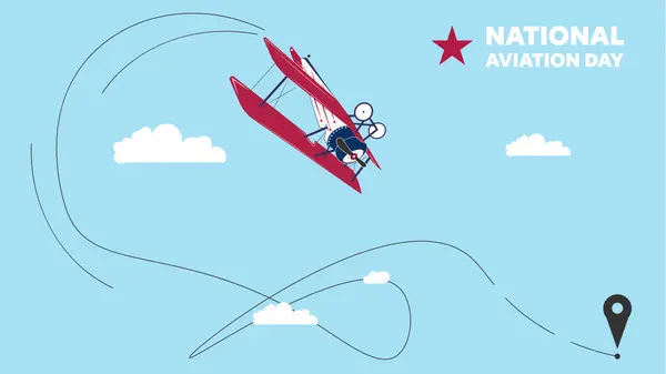 Ulusal Havacılık Günü, gökyüzünde akrobatik hareketler yapan klasik bir çift kanatlı uçakla kutlanıyor. Bir tatil posteri için vektör illüstrasyon kavramı.