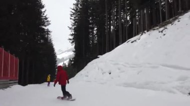 Snowboardcular Alplerin tozlu yamaçlarının tadını çıkarıyorlar.