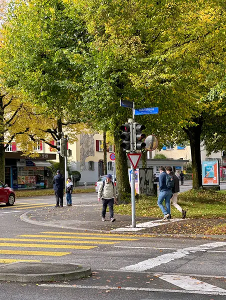 Sonbaharda bir şehir kavşağı, yaya geçitleri bir trafik ışığı ve canlı yeşil-sarı ağaçların yanında. Kırmızı araba yola çıktı. Bir yerleşim bölgesinde günlük yaşamı gösteren İsviçre şehir manzarası.