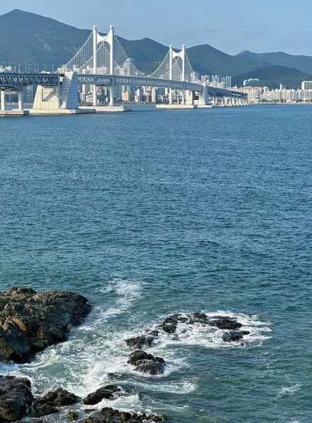 Busan, Güney Kore 'deki Gwangandaegyo Köprüsü manzarası. Arka planda modern yüksek binalar var. Manzara, temiz su ve uzak dağlarla şehrin kıyı bölgesini yakalıyor..