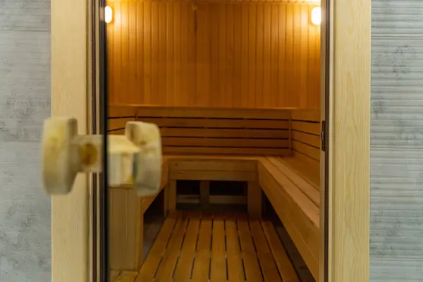 Die Türklinke Der Sauna Sportkomplex Nahaufnahme Stockbild