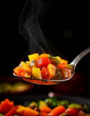 Koyu bir arka planda kaşıkta karışık sebzelerin yakın plan çekimi. Yemek blogcuları için harika resimler.