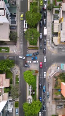 Hafif araba trafiği ve ağaçlarla çevrili ve gökyüzünden insansız hava aracıyla görülen binalarla çevrili kavşakta yürüyen insanlar.