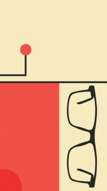 Krem Arkaplanda Siyah Rimmed Gözlükler Soyut Bauhaus elementlerinin Kırmızı Renkleriyle.