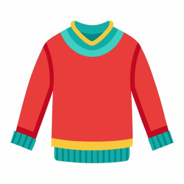 Renkli aksanlı kırmızı süveter vektör çizimi - Yeşil ve sarı aksanlı kırmızı süveterin parlak vektör çizimi, moda tasarımı için ideal kıyafet modelleri ve kış giyimi simgeleri.