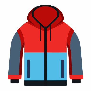 Ön fermuarlı renkli kapüşonlu vektör çizimi ön fermuar ve kapüşonu olan kırmızı, mavi ve gri bölümlü renkli kapüşonlu basit bir vektör çizimi. Kıyafet modelleri ve moda tasarım projeleri için mükemmel..