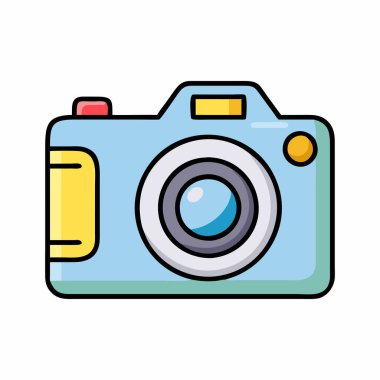 Büyük mercekli renkli kamera vektör illüstrasyonu- mavi, sarı ve kırmızı aksanlı büyük mercekli bir kameranın parlak ve oyuncu bir vektör illüstrasyonu. Fotoğraf simgeleri, ürün modellemeleri ve tasarım projeleri için mükemmel.