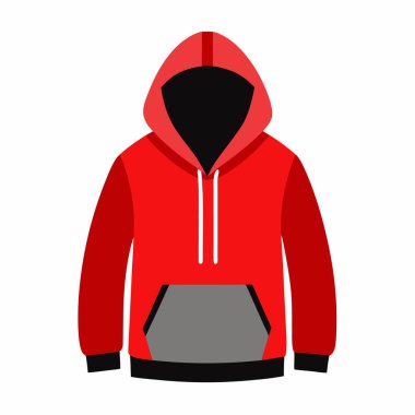Ön cepli kırmızı ve siyah kapüşonlu vektör çizimi kırmızı ve siyah kapüşonlu, askılı ve büyük cepli bir kapüşonlunun şık bir vektör çizimi. Giysi modelleri, moda tasarımı ve günlük giyim projeleri için ideal.
