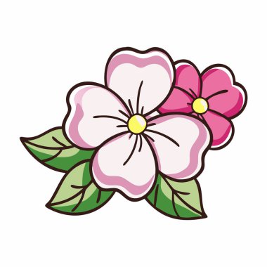 Pink and white flowers vector illustration with green leaves - A charming vector illustration of pink and white flowers with green leaves, perfect for botanical designs, floral icons, and nature-inspired projects. clipart