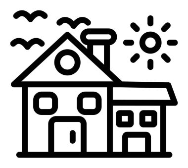 Sahil evi ikonu ana hat vektörü. Ev güneşi. Yaz güneşi