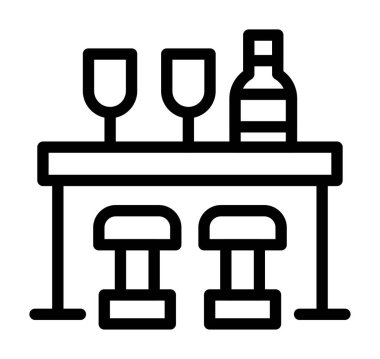 Şarap ve cam ikonu olan masa, vektör illüstrasyonu