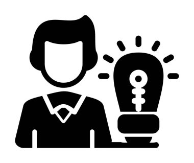 Ampul ve ampul ikonuna sahip iş adamı, basit stil