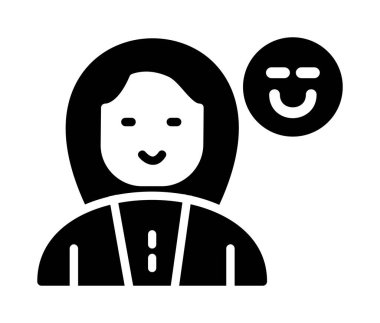 Yüz ifadesi simge vektörü olan dişi avatar. Kadın ve kadın yüzü, gülümseme işareti, izole çizgi sembolü, siyah çizim.