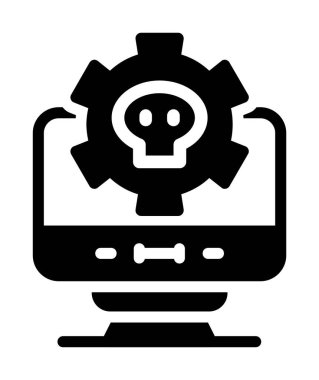 dişli, virüslü ve kafatası simgesi çizimi olan bilgisayar monitörü