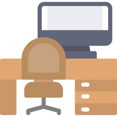 Ofis Çalışma Alanı Düz Simgesi, Basit Tasarımlı Vektör Resimleri