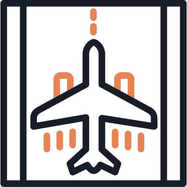 Uçak ikonu. Vektör biçimi iki renkli düz ikonik sembol, turuncu ve gri renkler, beyaz arkaplan.