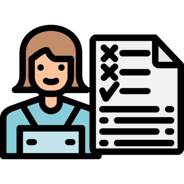 Belge simgesi olan kadın. Kağıt vektör simgesine sahip ana hatlı kadın düz izole