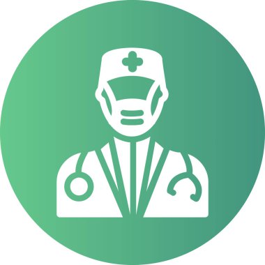 Doktor vektör ikonu. Bu düz yuvarlak sembol yumuşak beyaz renk kullanır ve beyaz arkaplanda izole edilmiş olarak yuvarlanır.