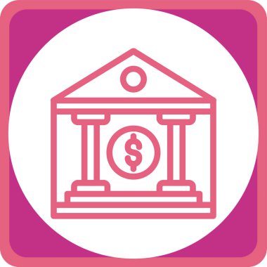 Banka binası vektör simgesi. biçim düz yuvarlak kare simgesi, pembe ve yuvarlak açılar, beyaz arkaplan