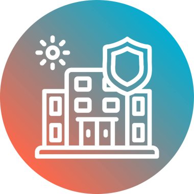 Beyaz arka planda kalkan simgesi olan beyaz çizgi binası. Gardiyan. Güvenlik, güvenlik, koruma, koruma konsepti. mavi daire düğmesi.