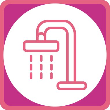 duş vektör simgesi. Stil yuvarlak kare bir kare düğmede düz semboldür, pembe ve beyaz renkler.