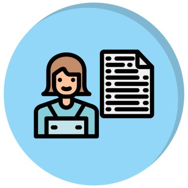 Belge ikonu olan kadın. Beyaz üzerinde izole edilmiş web tasarımı için insan vektör simgesinin özet çizimi