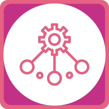 Dişliler vektör simgesi. Görüntü stili, yuvarlak kare düğme, pembe ve gri renkleriçinde düz bir simge simgesidir.