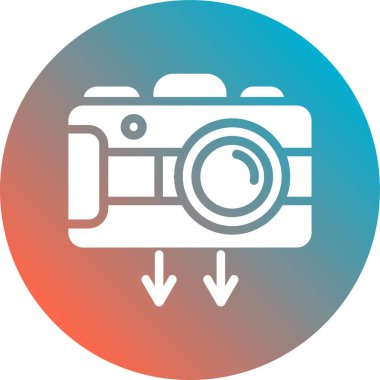 Kamera vektör simgesi. Bu yuvarlak düz sembol beyaz arkaplanda pembe ve mavi renklerle çizilir.