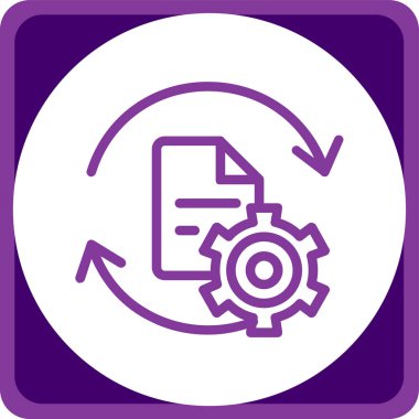 dişli vektör simgesi. resim çerçeve biçimi yuvarlak kare düğmesi içinde düz simge sembolüdür, beyaz ve mor renkler.